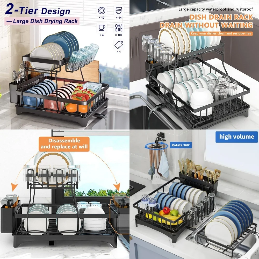 

2 Tier Large Drying Rack with Drainboard Set Glass Utensil Holder Dish Drainers Kitchen Sink Organizer Space Saving Dish Drying