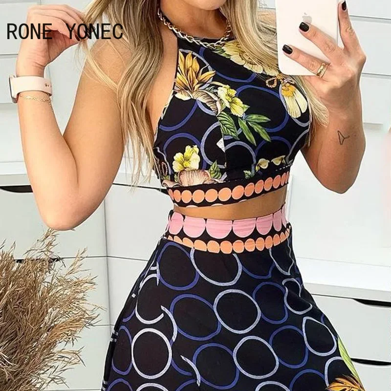 Women Casual Floral Print Halter Lace Up Crop Tops High Silt Skirt Maxi Vacation Skirt Sets