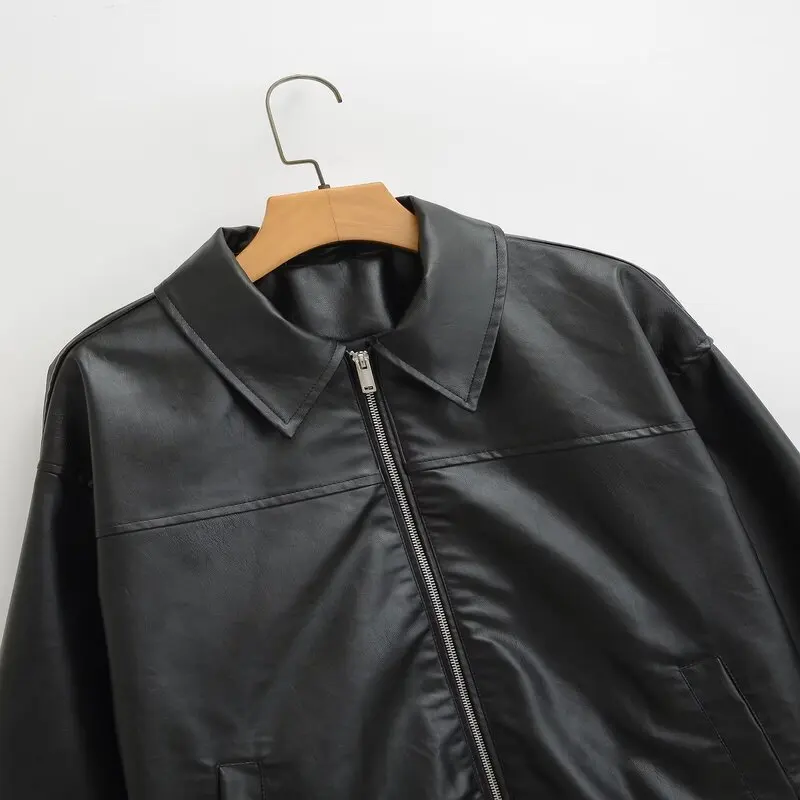 New 2025 Autumn Women's Faionable Leather Pilot Jaet Collar Outerwear Versatile Long Sve Zipper Closure  Color