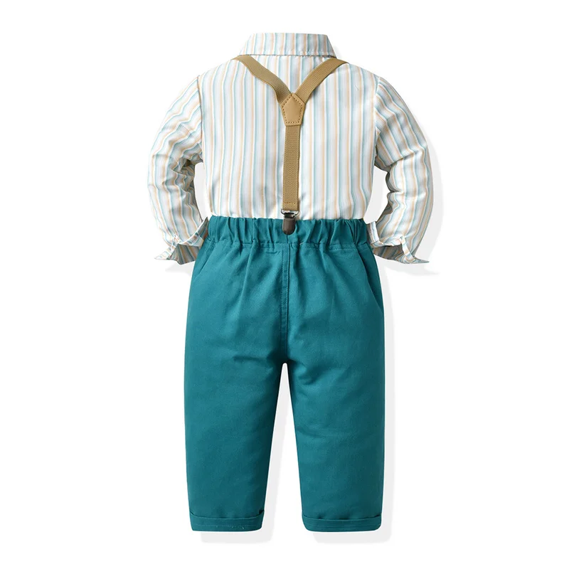 top and top Toddler Kids Boys Gentleman Clothing Sets Long Sleeve Bowtie Striped Shirt+Suspenders Pants Little Boy 2PCS Outfits