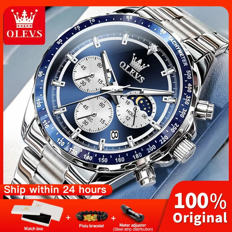 OLEVS 2945 Mens Watch Original Fashion Quartz Wristwatch Multifunctional Chronograph Waterproof Luminous Moon Phase Gifts Box