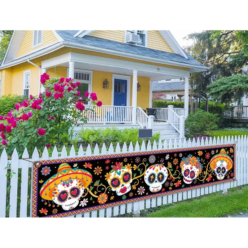 

1pc Day of The Dead Fence Banner Dia De Los Muertos Sugar Skull Mexican Holiday Photo Booth Backdrop Outdoor Decoration
