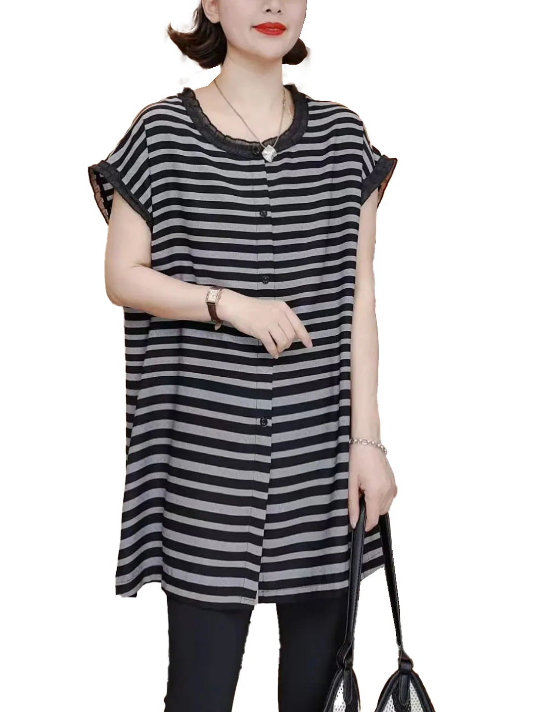 Nouveau haut d'été pour femme, coupe ample, en jersey léger et frais, avec dentelle et rayures, style Dr Speech Sle