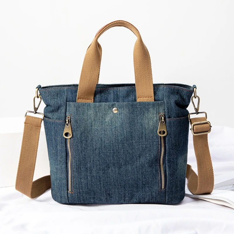 Commuting Women big tote Bags Denim female Handbag Large capacity Wide Strap Shoulder Bags Jeans Designer Female Travel bag blue