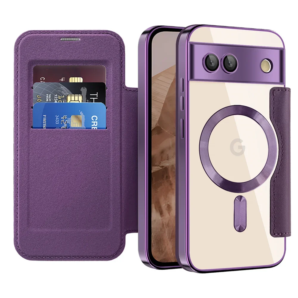 Luxury Leather Wallet Card Clip Magnetic Clear Phone Case for Google Pixel 9 Pro XL 8A 7A Plating Wireless Charging Flip Cover