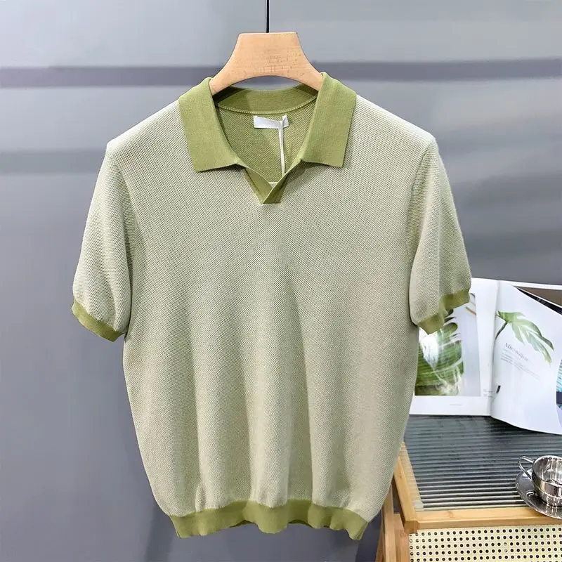 Italian Cuban Collar Ice Silk Knitted Polo Shirt Men's Short-sleeved Trendy Niche Contrasting Color Lapel T
