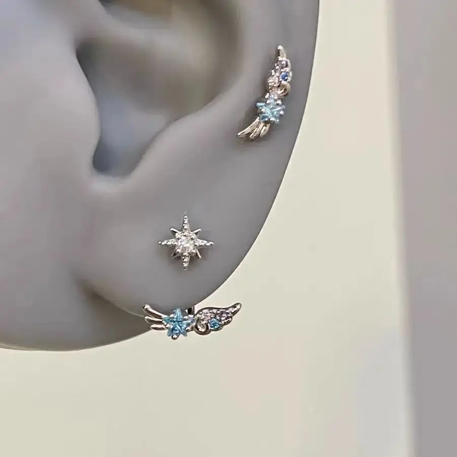 Trendy Stainless Steel Ear Bone Earrings Starburst Zircon Wing Cartilage Piercing Jewelry for Women Cochlear Puncture Accessory