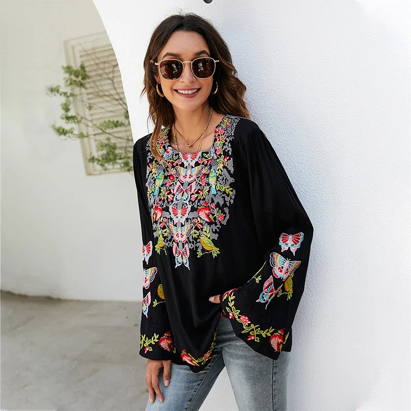 Eaeovni  Women\'s Mexican Embroidered Tops Traditional Boho Hippie Clothes Peasant Blouse Bohemian Long Sleeve Shirt Tunic