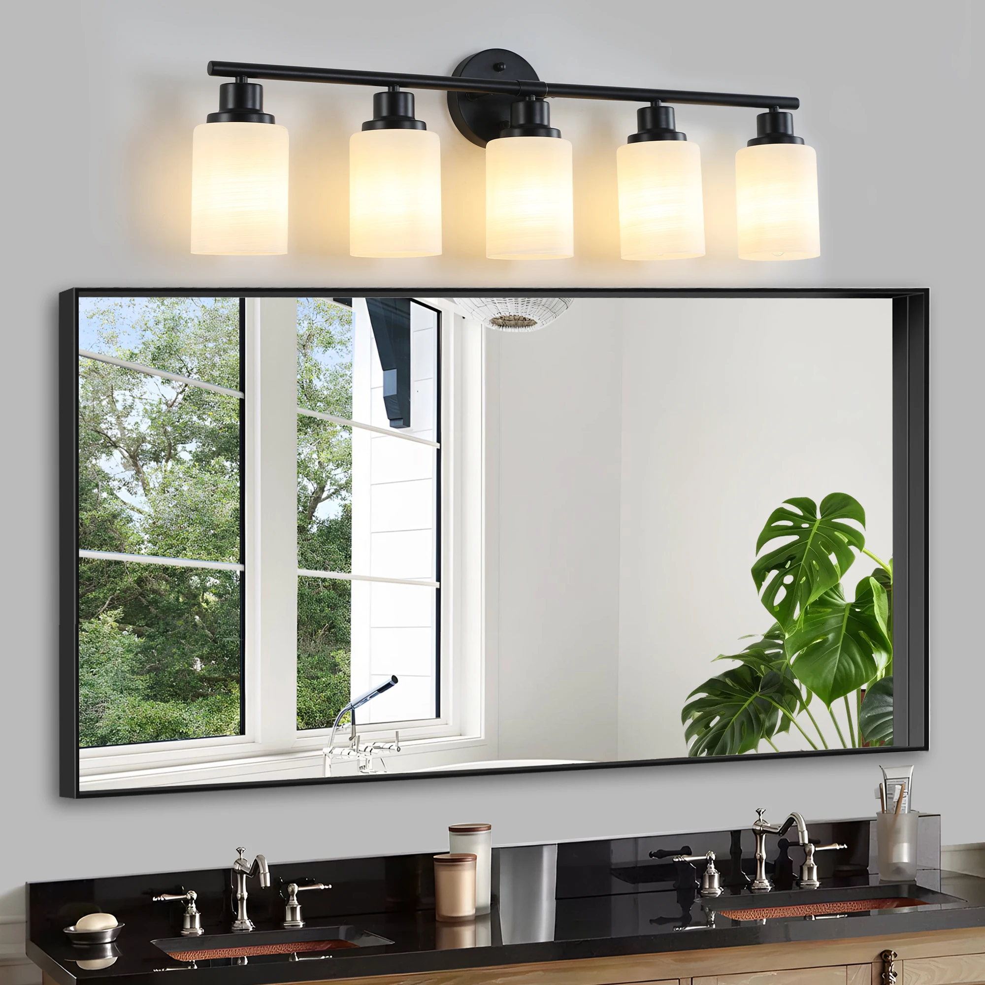 Modern 4/5/6 Lights Vanity Bathroom Mirror Light, Frosted White Glass Lampshades with Black Iron Frame, Contemporary Wall Sconce