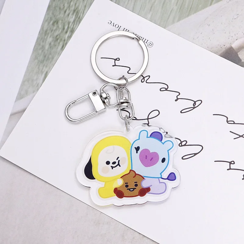 Nowy 3 sztuk/zestaw Cartoon Bt21 brelok do kluczy Kawaii przezroczysty akrylowy dwustronny akcesoria plecak wisiorek prezent urodzinowy