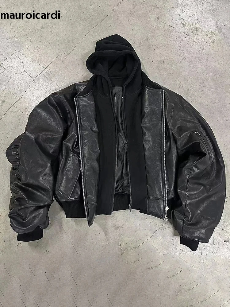 Mauroicardi Autumn Winter Oversized Cool Black Thickened Warm Pu Leather Jacket Men Hood Luxury Designer Fake 2 Clothes