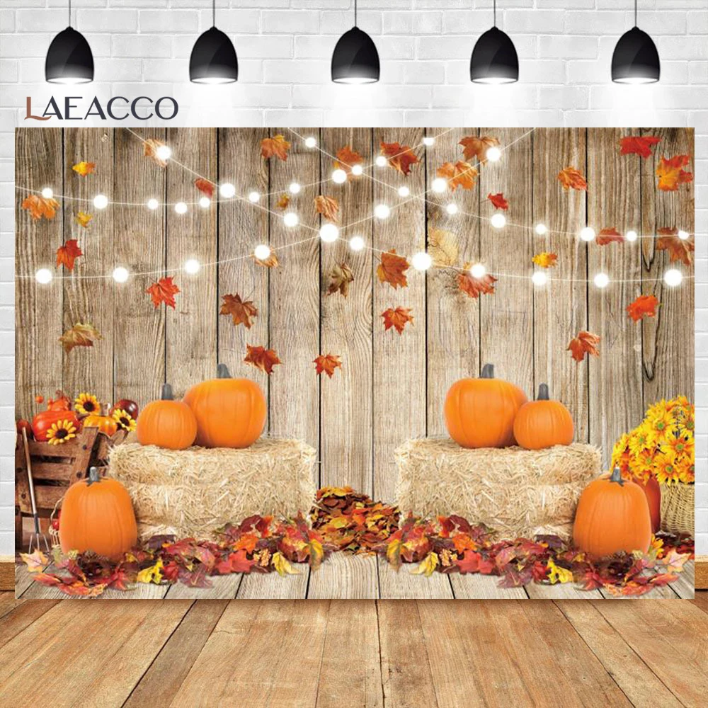 Laeacco осень осень Хэллоуин фон ферма сарай тыква урожай сено лес кленовые листья коричневая деревянная доска фон для фотосъемки