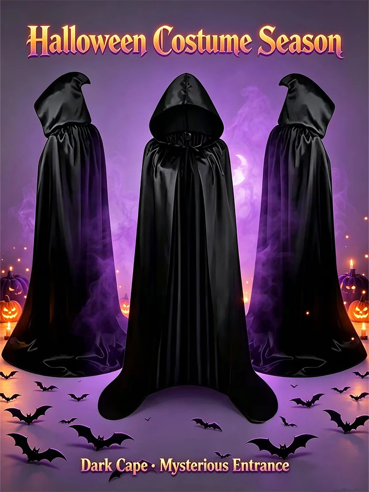 Halloween Cloak Soft Unisex Hooded Black Robe Witch Long Cape Cosplay Costume Prop Party Performance Supplies Holiday Decoration