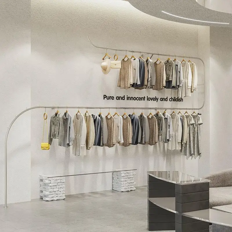 Clothing store clothes rack creative double-layer stainless steel silver hanger women's clothing rack display rack wall display