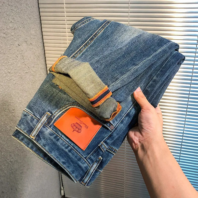 High-End Jeans Men\'s Re-Washed Fashion Korean Style Casual Street All-Matching Pants Slim Fit Ankle Tight Trousers