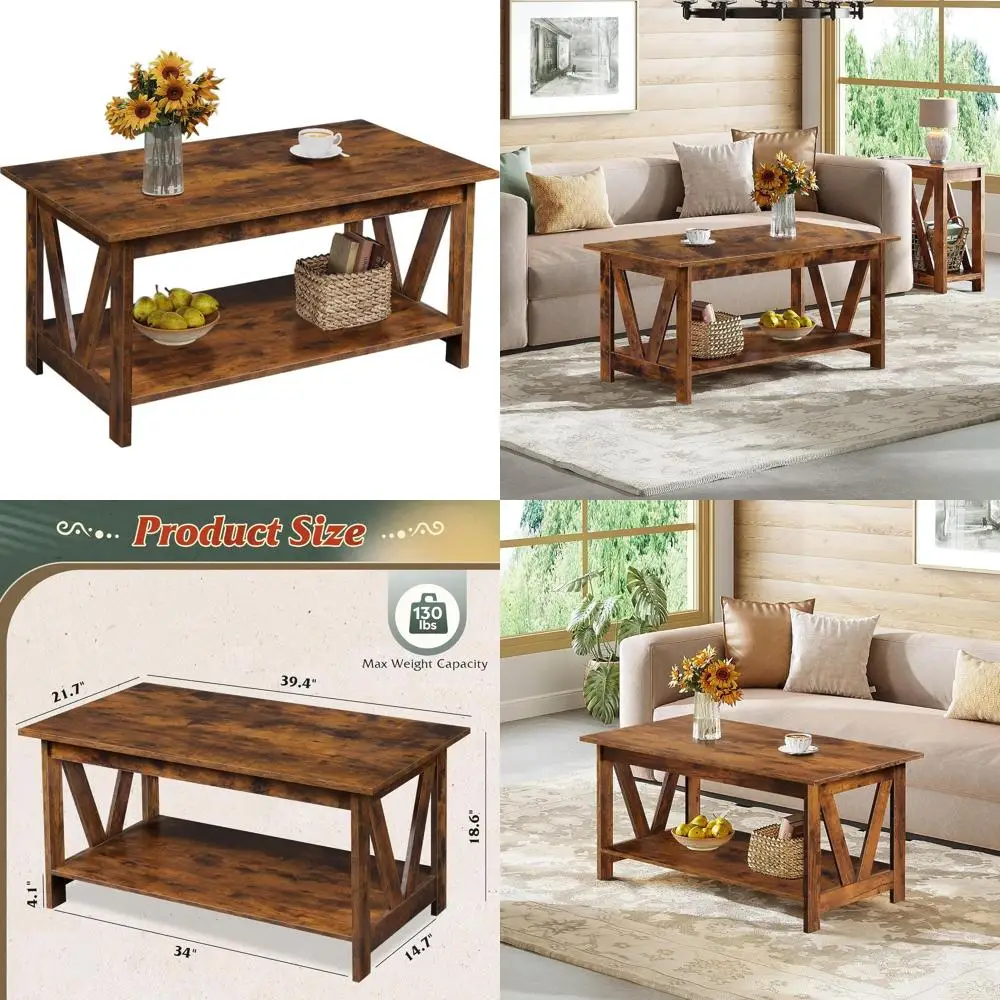 

Rustic 2-Tier Farmhouse Coffee Table with Storage, 39.4 V-Frame Design for Living Spaces