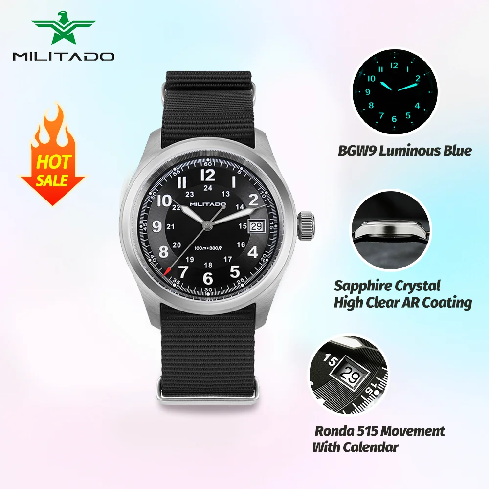 Militado ML08 Orologio al quarzo vintage Data Ronda 515 Movimento Vetro zaffiro Bgw9 Luminoso 100M Impermeabile 38Mm Orologio da polso Uomo