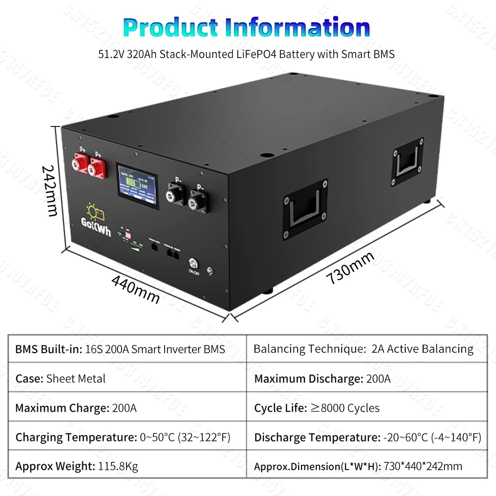 Lifepo4 48V 320Ah Battery 16KWH Built-in 16S 200A BMS 2A Active Balancing Grade A Prismatic Rechargeable LFP Cells 8000 Cycle APP Mornitoring With Touch LCD Screen Max.16 Unit In Parallel For Home Energy Storage Solar Energy Storage US Local Fast Delivery