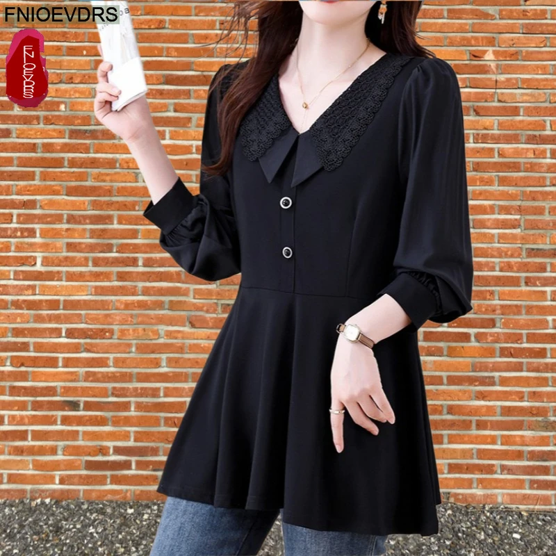 

Loose Clothes Peter Pan Collar Tops Blouses New 2026 Woman Elegant Office Lady Black Lace Ruffles Basics Peplum Blouse Shirts