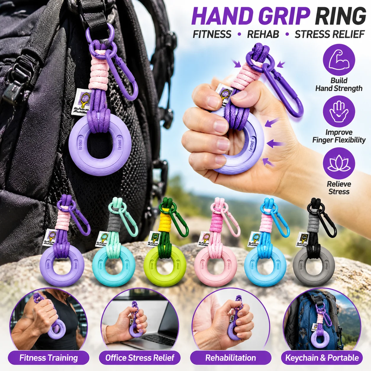 Silicone Grip Ring Keychain – Finger Rehabilitation, Stress Relief, and Hand Strengthener (Pocket-Sized)
