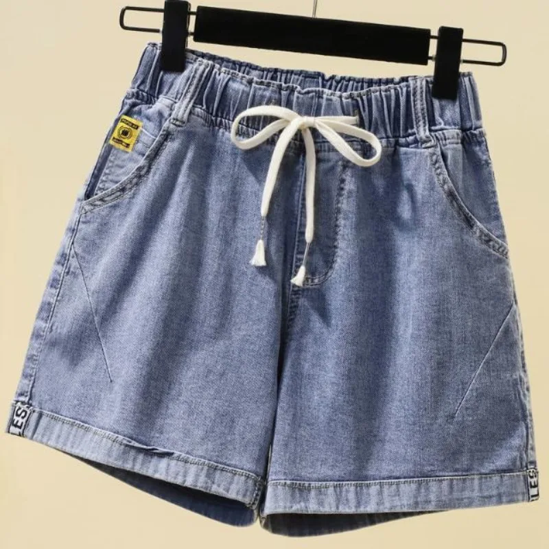 New Elastic Waist A Word Plus size Pants women Fashion Stretch Denim Shorts Chubby Girl Wide Leg Slimming Hot Pants E9037