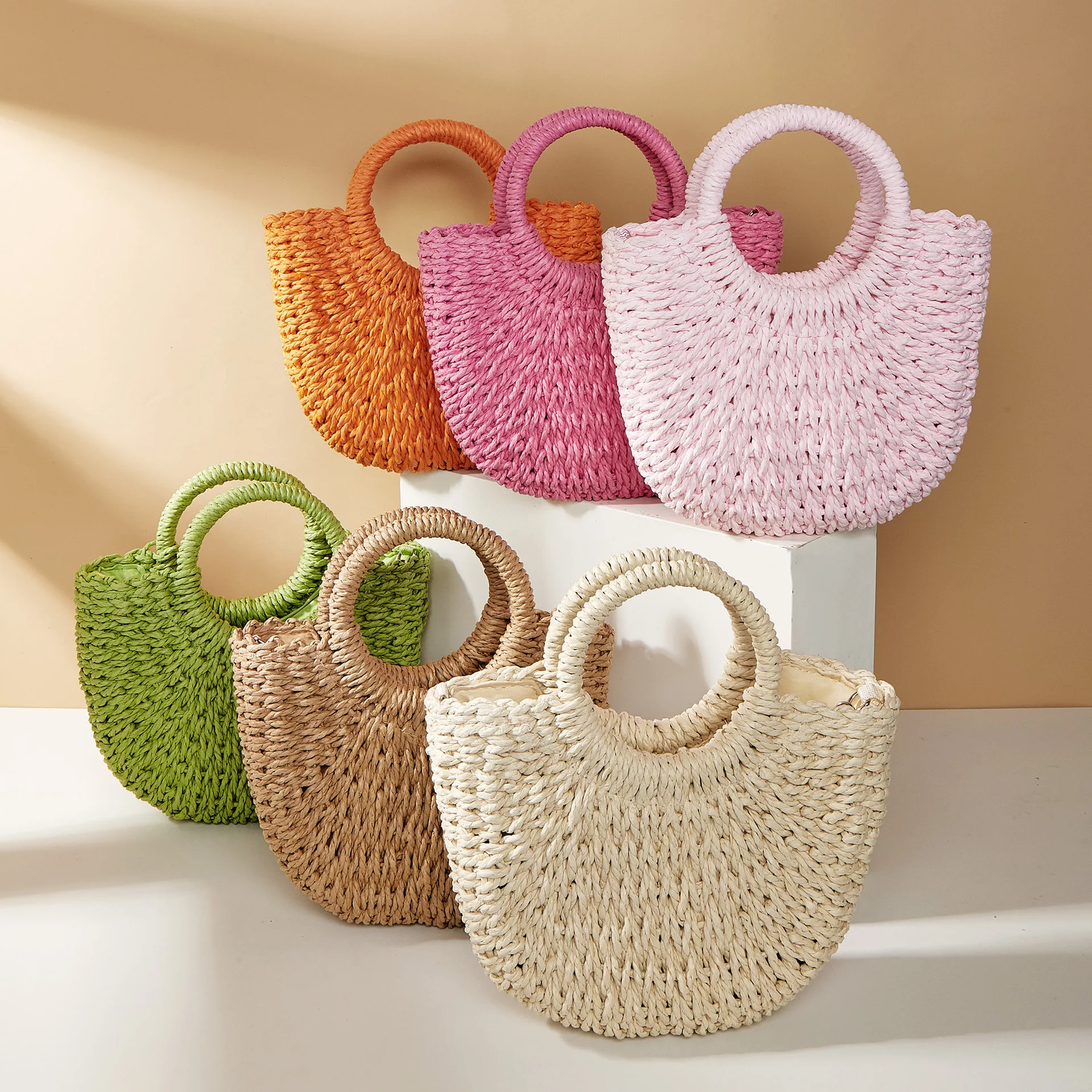 Casual Candy Color Straw Basket Bag Rope Woven Women Handbags Handmade Summer Beach Bag Small Tote Vacation Purses 2024