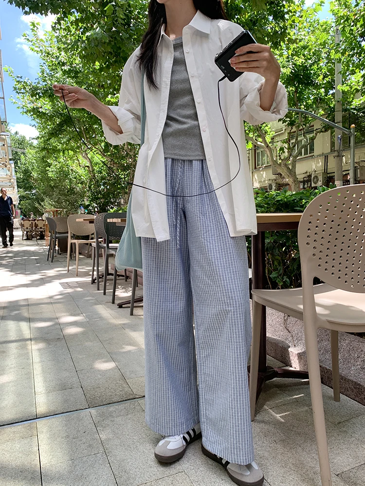 

High Waist Striped Casual Pants Women's Spring 2026 New Sle Korean Loose Wide Leg Straight Cut Pants Slimming Effect