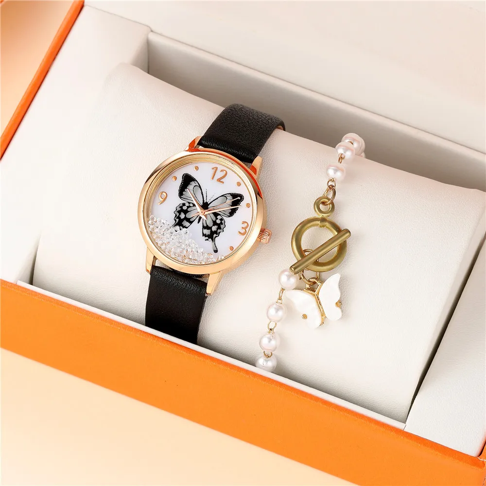 Temperament Fashion Simple Belt Ladies Watch Butterfly Pattern Rhinestone Quartz Tumblers Casual Watch Women