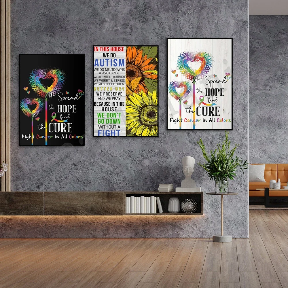 In this house we do autism awareness, colorful sunflower fight poster, autism acceptance, wall art home decor