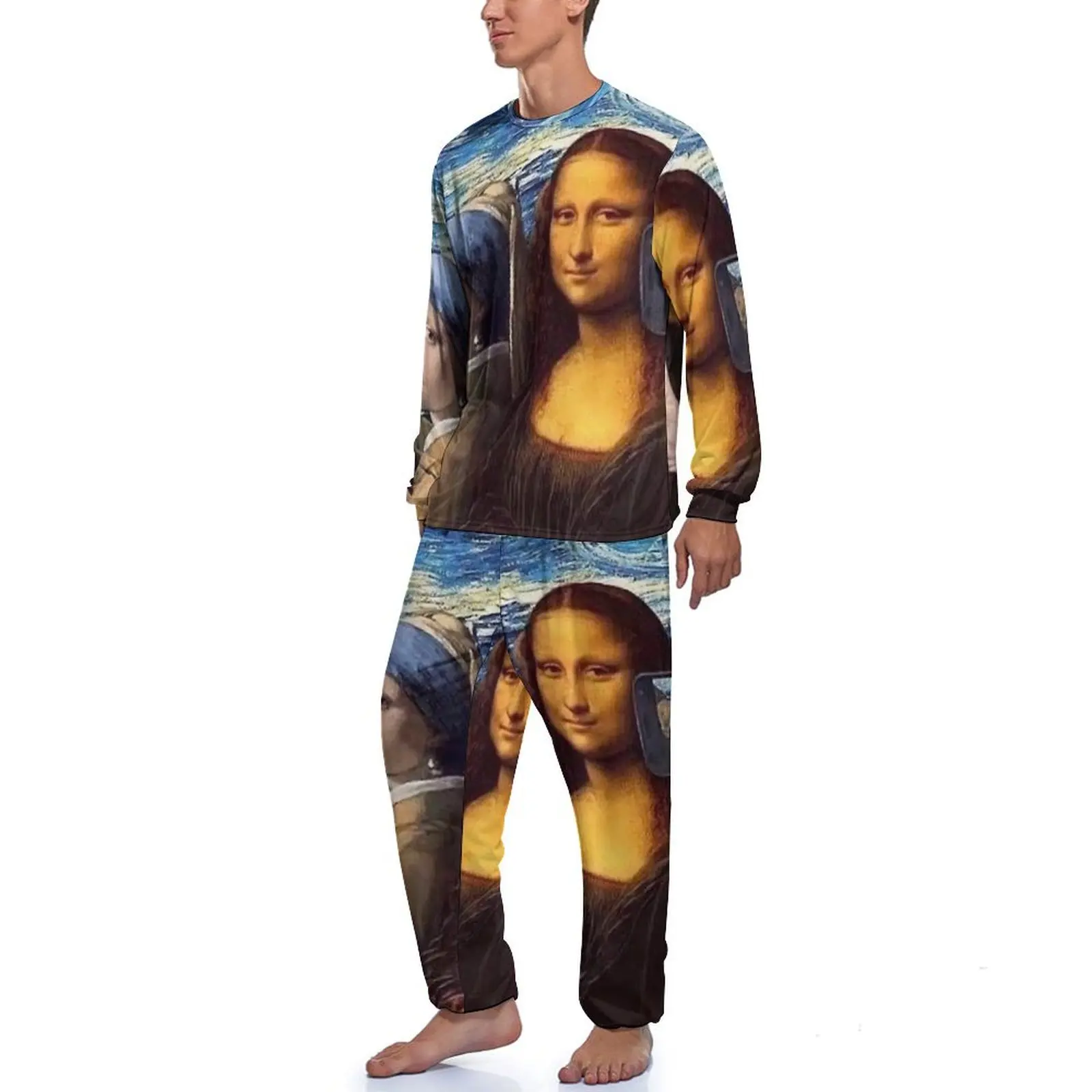 Van Gogh Pajamas Long Sleeve Mona Lisa Girl with A Pearl Earring 2 Pieces Casual Pajama Sets Autumn Men Design Fashion Nightwear