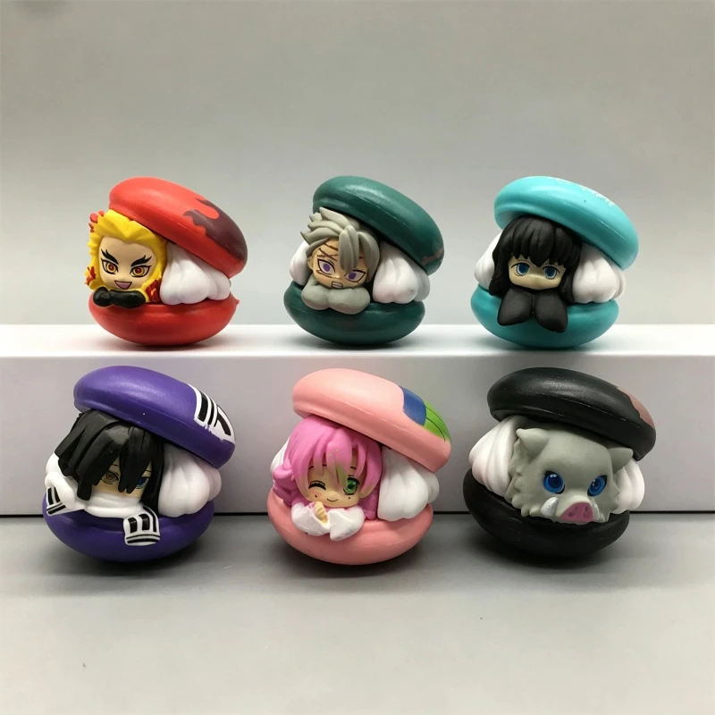 6 Stück/Set Demon Slayer Macaron-förmige Niedliche Chibi-Figuren Kawaii Rengoku Tokito Obanai Mitsuri Sanemi Inosuke Mini-Modell Spielzeug Geschenke