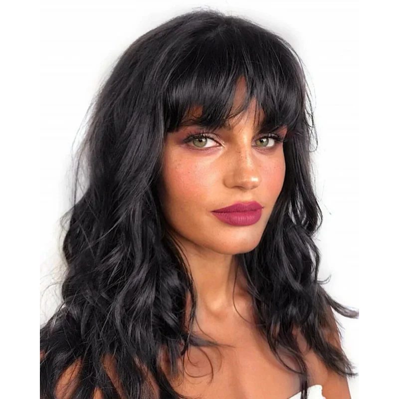 

100% Human Hair New Fashion Women's Natural Black Wavy Wigs 16 In