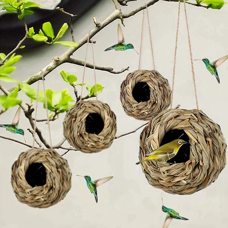 4Pack Hanging Bird Nest House For Outside,Hand Woven,Made Of Natural Grass For Gardens,Balconies,Tree Trunks