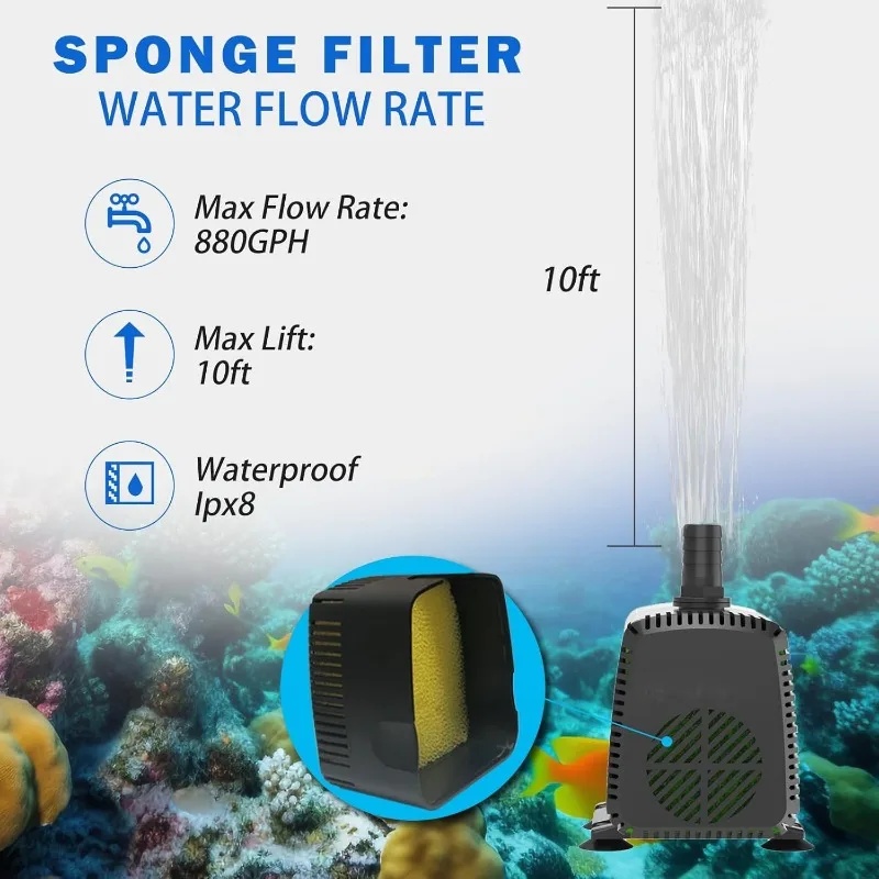 Bomba submersível de desligamento automático, elevação alta para fontes, hidroponia, lagoas, aquários, 6000 GPH, 3500 L/H, 60W, 10 pés