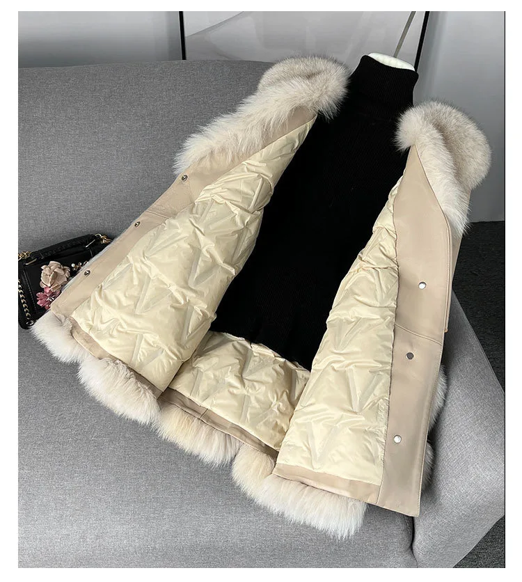 New fashion real fox fur coat and 100% real sheepskin made for fur one-body fur jacket lined with down fur for women fur coat