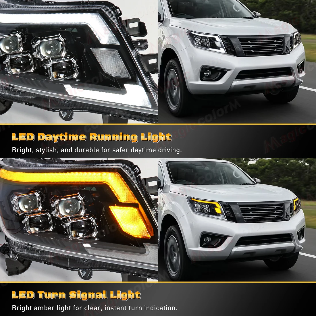 

Для Nissan Navara 2014-2021: Светодиодные фары, указатели поворота, ДХО (белый/желтый свет)