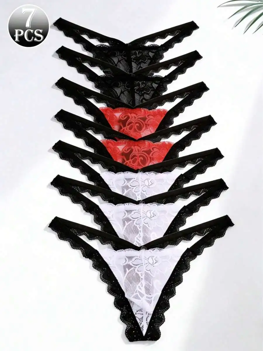 Mens French Lace Thong Briefs Low Rise Black White Color Block