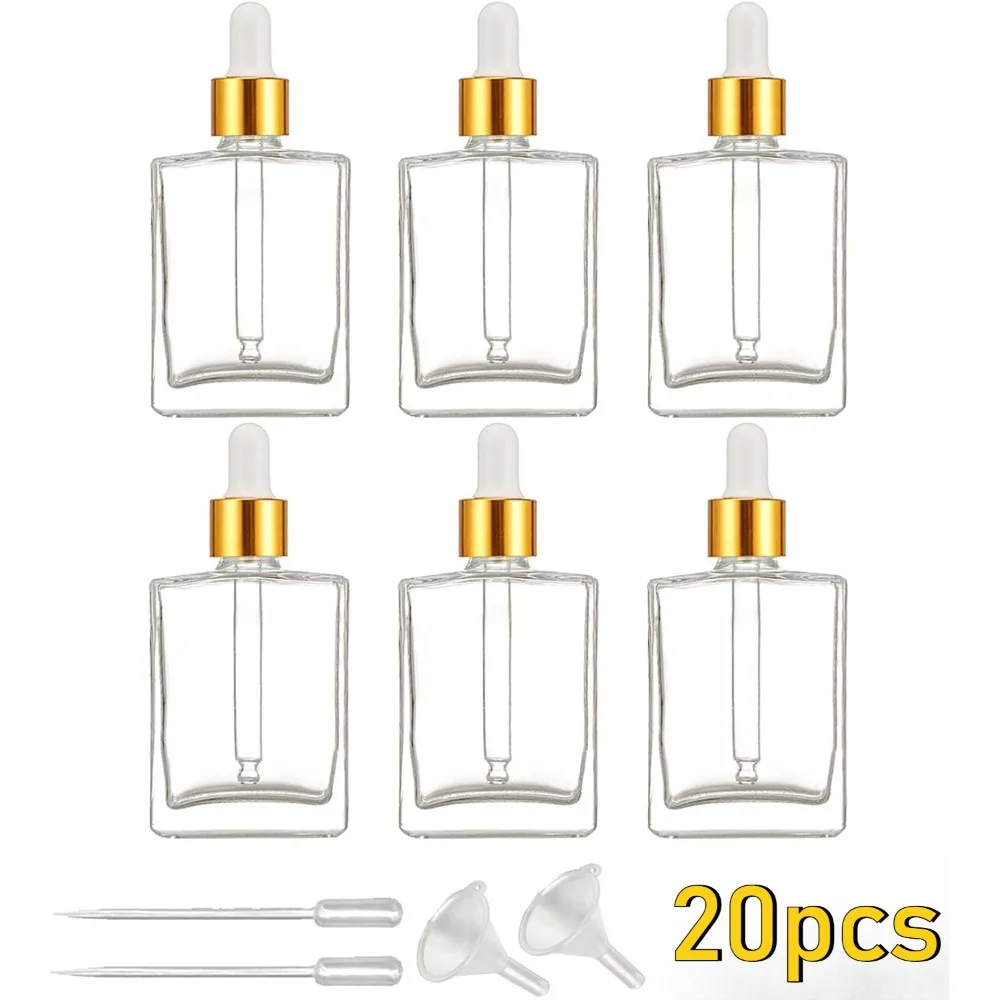 Botella de Perfume transparente de vidrio de 20 piezas, botella dispensadora de cosméticos portátil, botella de aceite con cuentagotas de cabeza de plástico con embudo de pipeta