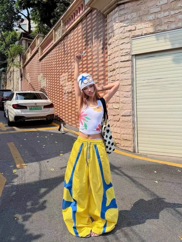 Women's American Dopamine Structural Color Block Wide Leg Long Pants Baggy Hip Hop Jazz Dance Streetwear 2026