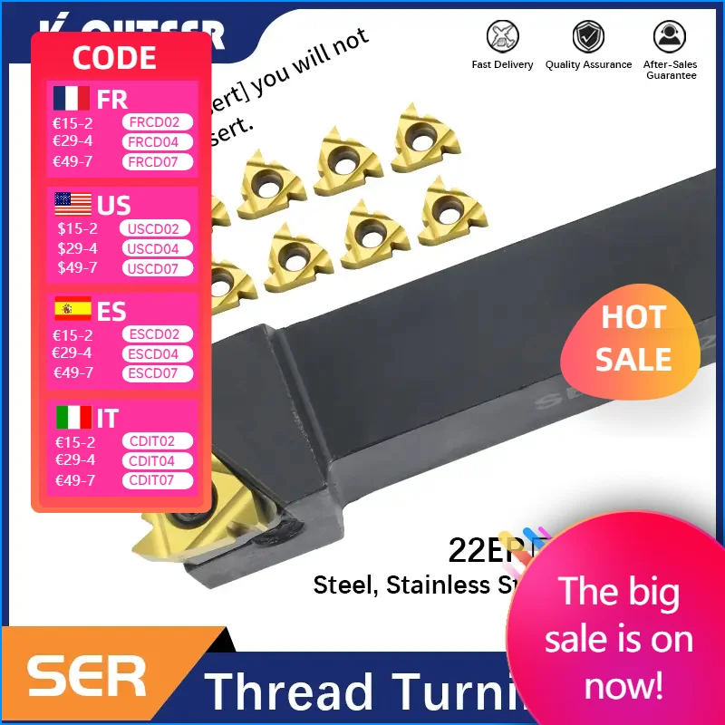 

1pc SER2020K22 SER2525M22 SER3232P22 External Thread Turning Tools Lathe Cutter 22ER Carbide inserts CNC Holder Set