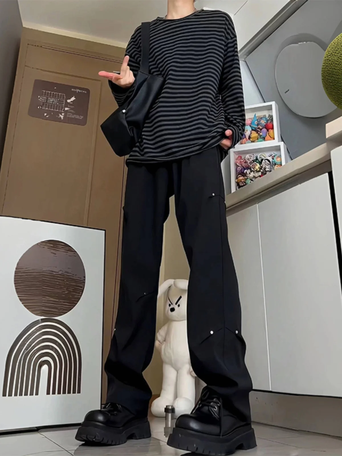 

Bla Rivet Men's Summer Casual Pants Drapey Micro Flare Long Trousers Faionable Straight Leg American Vibe Youthful Sle
