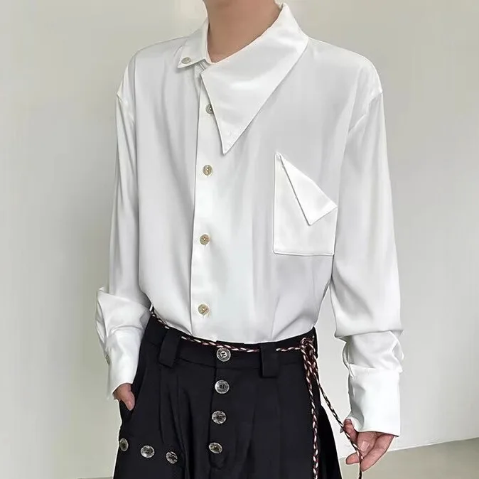 Men's Retro Slim Fit Long Sleeve Shirt Solid Color Button Up Casual Shirt with Irregular Collar Harajuku Streetwear Top for Men
