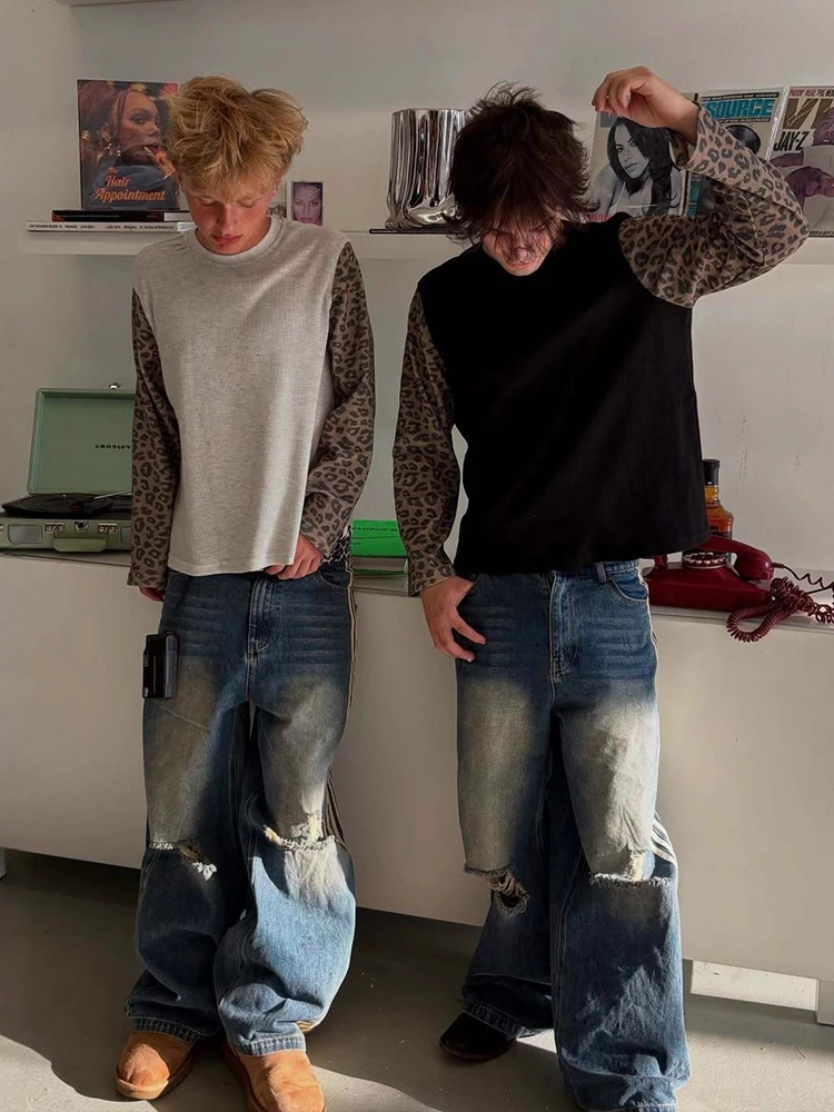 Image of 2026 Neue High-Street-Mode Amerikanisches Retro-Leoparden-Farbkombinations-Rundhals-Langarm-T-Shirt Ins-Stil Unisex