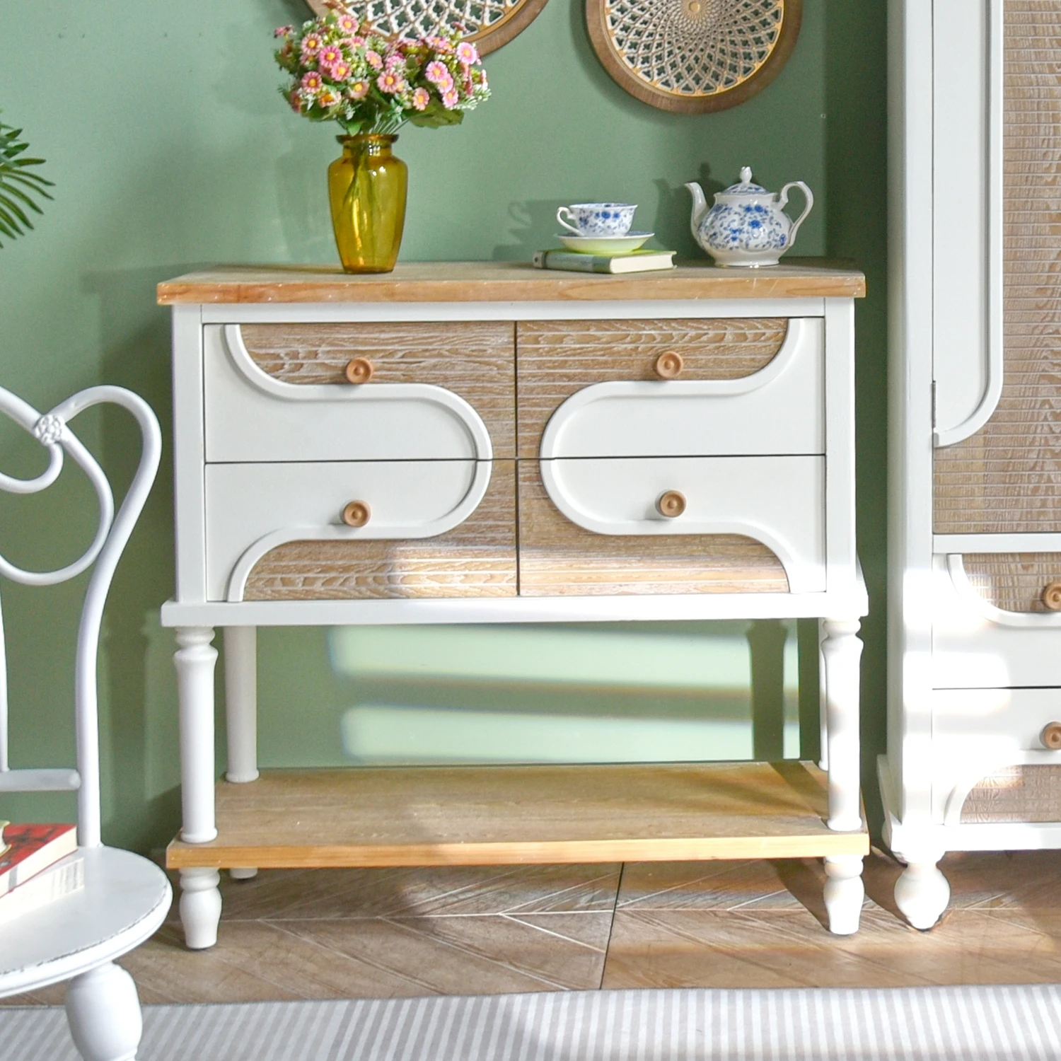 

INNOVA Rustic White Solid Wooden Console Cabinet Nordic Style Living Room Entryway Furniture with Shelf for Farmhouse