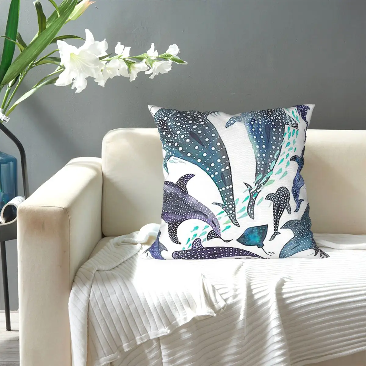 Whale Shark, Ray And Sea Creature Play Square Pillowcase Pillow Cover Cushion Decor Comfort Throw Pillow for Home Sofa