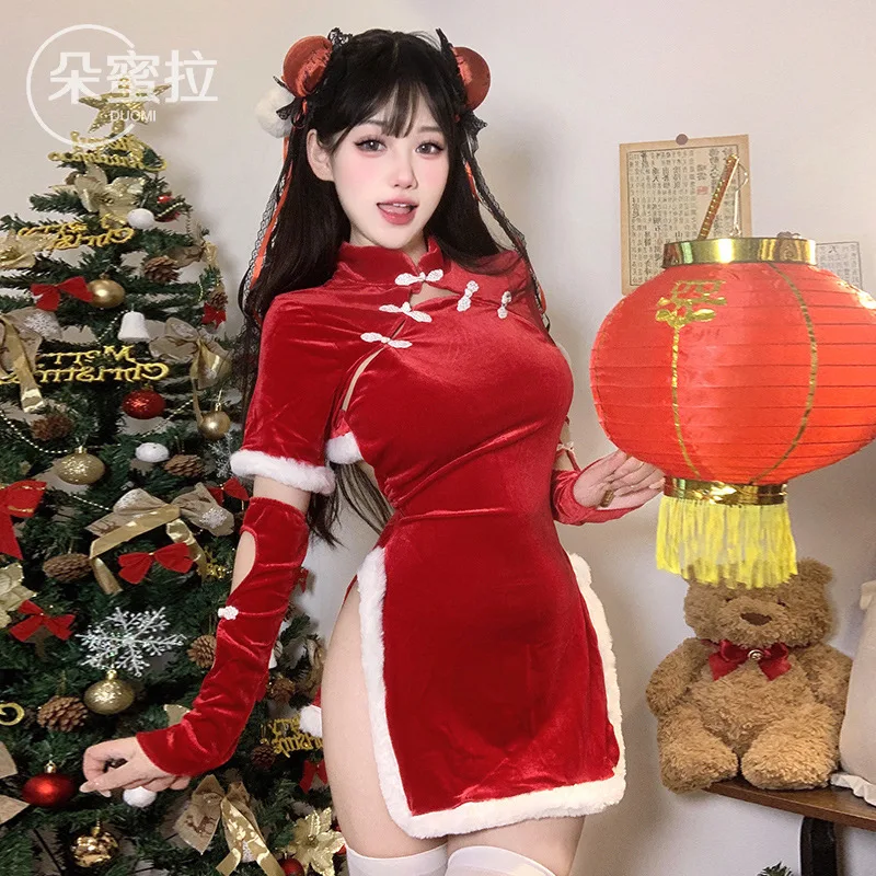 Large Size Christmas Dress Sexy Lingerie Red Chinese Tradition Cheongsam Backless New Year's Red High Split Qipao Coaplay Outfit