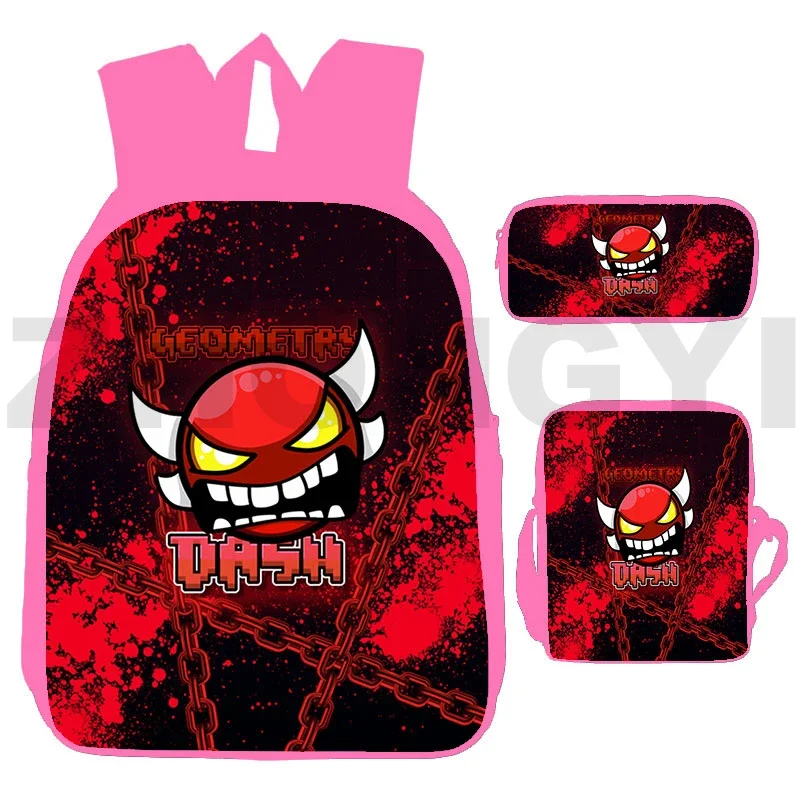 

Mochila Pink Geometry Dash Backpacks for School Teenagers Girls Angry Geometry Dash Zipper Bookbag 3D Anime Softback Bag Travel