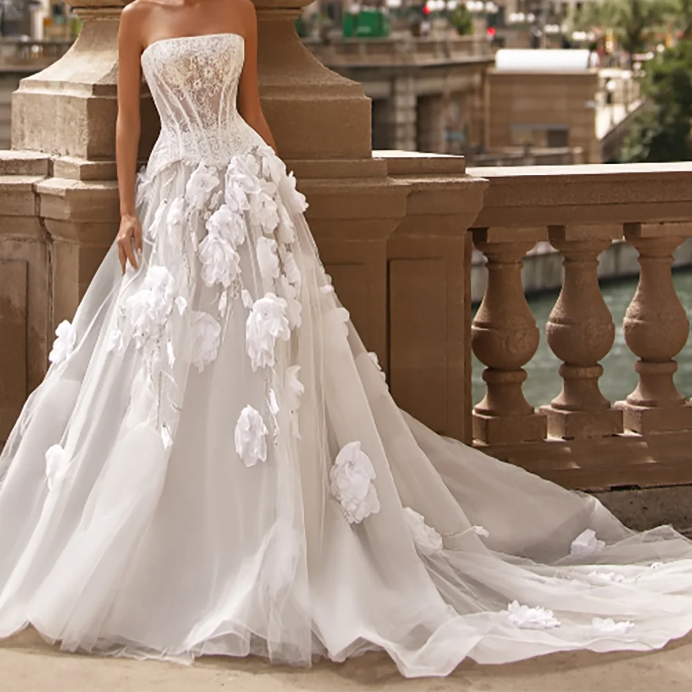 Vestidos de novia clásicos sin tirantes con apliques florales sin mangas Línea A vestidos de novia personalizados