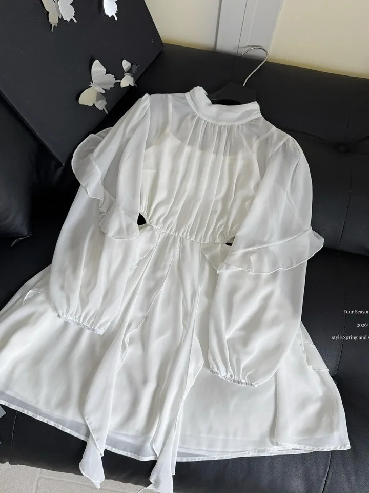 

Элегантное приталенное платье с длинным рукавом для женщин, хлопковое, с высоким воротником, с завышенной талией, нежное и изящное, весна 2026, новинка