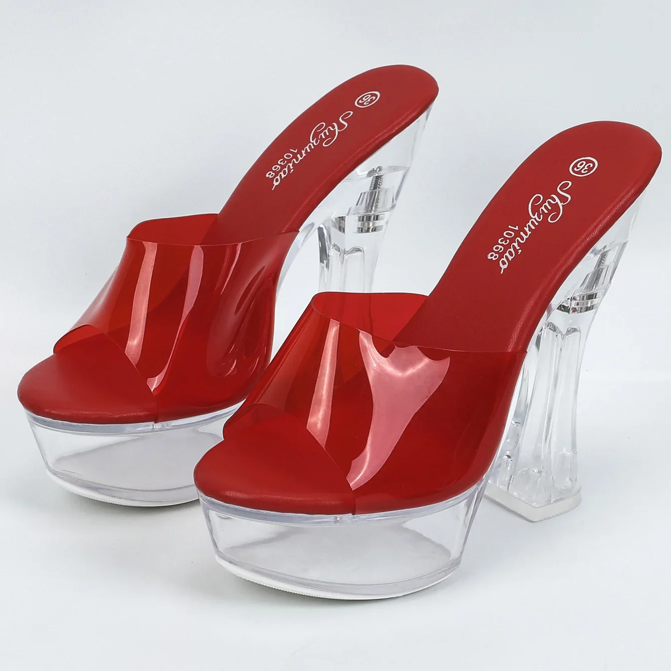 Women\'s Red Crystal Thick Heels Clear Platform Sandals 14cm  Heels High Sandals Dance Sexy for Party LFD-10365-D3